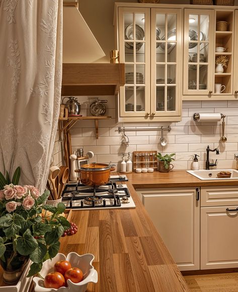 Cottage Core Kitchen Dreams Candles And Books, Cottage Core Interior, Cottage Core Kitchen, Wall Statement, Cottage Core Home, Country Cottage Kitchen, European Cottage, Glass Cabinets, Plants Indoor