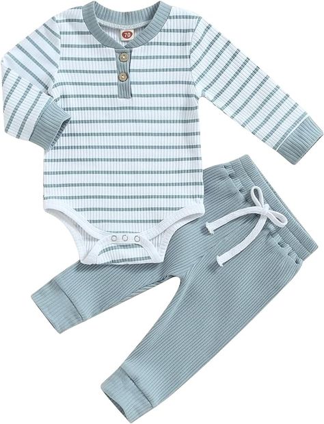 Amazon.com: Newborn Baby Boy Girl Clothes Ribbed Knitted Long Sleeve Romper Pants Solid Cotton Infant Fall Winter Outfits 2Pcs: Clothing, Shoes & Jewelry Cotton Pants Outfit, Neutral Baby Clothes, Knitted Long Sleeve, Newborn Baby Boy, Boys Stripes, Long Romper, Long Sleeve Onesie, Knit Outfit, Sleeved Romper