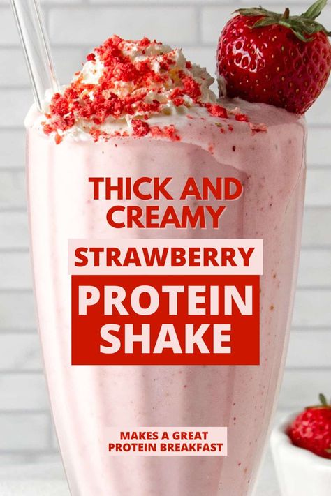 With 27g protein and only 200 calories, this Strawberry Protein Shake is perfect for weight loss, muscle gain, or a delicious protein snack! Only 4 ingredients! Easy, quick, high protein breakfast. Protien Shake Recipes, Vanilla Protein Shake Recipes, Protein Powder Recipe, Strawberry Protein Shake, Fruit Protein Shakes, Strawberry Protein Smoothie, Easy Protein Shakes, Homemade Protein Shakes, Breakfast Shakes Protein