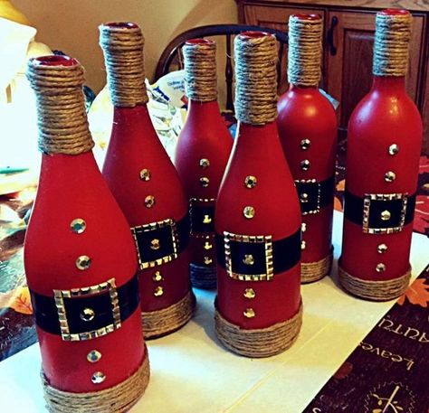 wine-bottle-santa-suit-decorations Repurposed Bottles, Santa Wine Bottle, Wine Bottle Crafts Christmas, Christmas Cricut, Wine Craft, Christmas Wine Bottles, Money Makers, Wine Bottle Art, Wine Bottle Diy Crafts