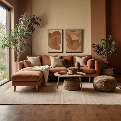 Color Palette Green Terracotta, Olive Green Beige Living Room, Japandi Interiors With Color, Peach And Brown Living Room, Beige And Terracotta Living Room, Earthy Color Living Room, Terracotta Japandi, Japandi Colorful, Warm Colours Living Room