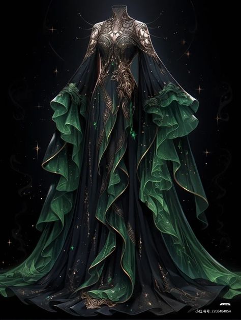 Emerald Fantasy Dress, Dark Green And Black Dress, Black And Green Dress Gowns, Dnd Ball Gown, Necromancer Dress, Green Fantasy Dress Drawing, Dark Fantasy Aesthetic Outfits, Green Queen Dress, Green Masquerade Dress