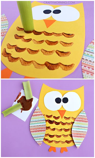 Celery Stamped Owl Craft for Kids | CraftyMorning.com Owl Craft, Fall Preschool, Owl Crafts, Daycare Crafts, Fall Crafts For Kids, Classroom Crafts, Craft For Kids, Construction Paper, Childrens Crafts