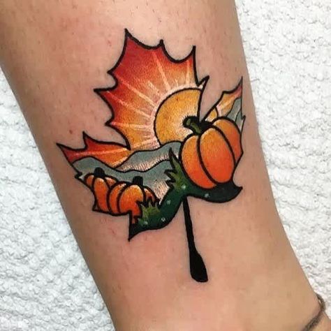 Leaf Tattoo Ideas, Fall Tattoos, Fall Leaves Tattoo, Leaf Sleeve, Pumpkin Tattoo, Autumn Tattoo, Leaf Tattoo, 13 Tattoos, Theme Tattoo