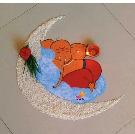 Bappa Welcome Rangoli, Rangoli Of Ganpati, Rangoli Designs Of Ganesha, Rangoli For Ganesh Festival, Meaningful Rangoli Designs, Rangoli Ganpati Designs, Rangoli Design Ganpati, Ganpati Poster Rangoli, Rectangular Rangoli Design