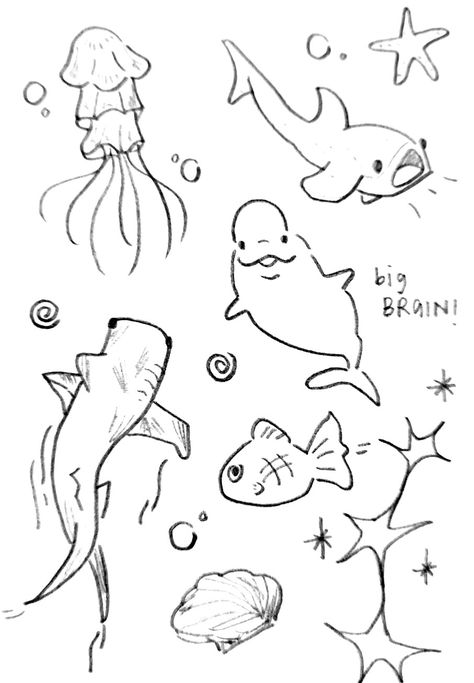 Small Fish Drawing Easy, Underwater Animals Drawing Easy, Aquarium Animals Drawing, Art Sketches Cute Animals, Marine Creatures Drawing, Silly Animals Drawings, Fish Drawings Simple, Messy Hair Sketch, Sea Animals Sketch