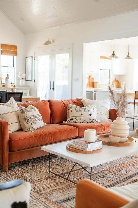 fall decor living room Burnt Orange Color Scheme, Orange Living Room, Cozy Fall Home, Orange Color Schemes, Minimalist Living Room Decor, Easy Fall Decor, Fall Living Room Decor, Fall Living Room, Cozy Fall Decor