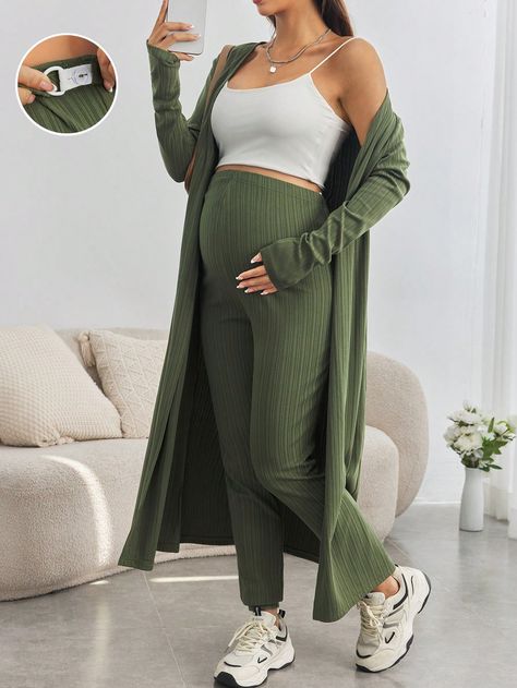 2pcs Maternity Outfit - Adjustable Waist Cardigan Jacket And Skinny Pants Set Green Casual    Plain  Medium Stretch  Maternity Clothing, size features are:Bust: ,Length: ,Sleeve Length: Pregnancy Fashion, Manche, Comfortable Maternity Outfits, Maturity Clothes, Birth Outfit, Maternity Two Piece, Maternity Lounge Wear, Trendy Maternity Outfits, Preggo Fashion