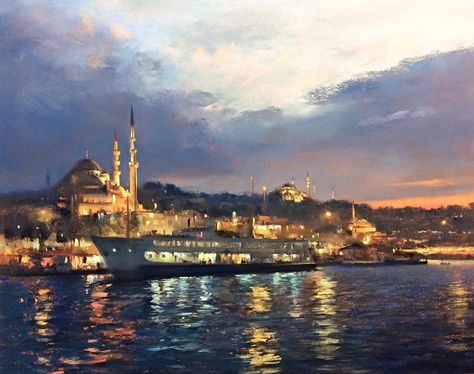 Sunset in Istanbul Pastel painting by Javad Soleimanpour City Paintings, Pastel Scene, Marine Painter, Sky Art Painting, Detailed Paintings, Acrylic Painting Flowers, Air Painting, Famous Paintings, Acrylic Painting Techniques