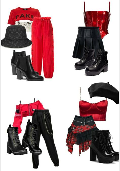 Red And Black Outfits For Concert, Red Black Kpop Outfit, Red Queen Outfit Ideas, Red Kpop Concert Outfit, Dancing Outfits Kpop, Black And Red Stage Outfit, Red And Black Dance Outfit, Red And Black Outfits Concert, Red And Black Kpop Outfit