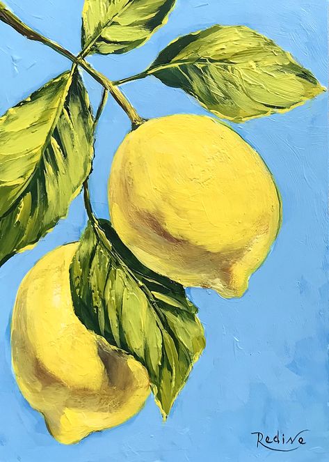 Quache Paintings, Drawing Lemons, Oil Painting Fruit, Lemon Acrylic Paintings, Fruit Acrylic Painting, Lemons Painting, Fruit Painting Art, Simple Oil Painting, Lemon Painting