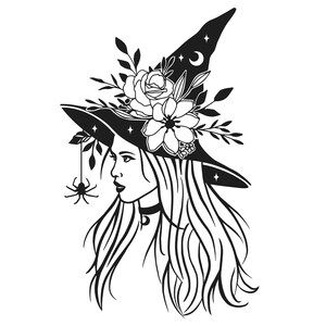 Wicca Art Drawing, Witchy Silhouette, Wiccan Drawings, Witch Outline Drawing, Witchy Drawings Simple, Pretty Witch Drawing, Witch Shilloute, Witchy Woman Svg, Witch Silhouette