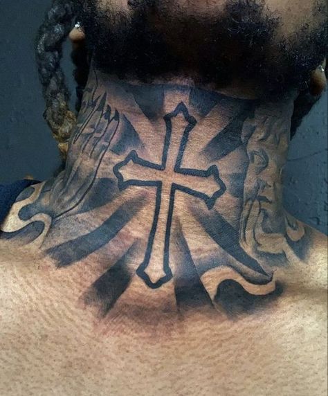 2024's Trendiest Men's Neck Tattoos: Find Your Style & Inspiration Cross Throat Tattoo Men, Godly Neck Tattoos, Nice Neck Tattoos For Men, Jason Neck Tattoo, Best Throat Tattoos Men Design, Trust None Neck Tattoo, Edgar With Tattoos, Memorial Neck Tattoos For Men, Humble Neck Tattoo