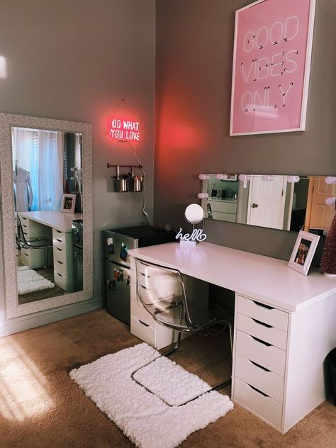 Bedroom With Fridge Ideas, Bedroom Ideas With Mini Fridge, Vanity Neon Sign, Mini Fridge Room Ideas, Fridge In Room Ideas, Aesthetic Room Ideas Pictures, Room Ideas With Mini Fridge, Desk Mini Fridge, Mini Fridge Bedroom Ideas