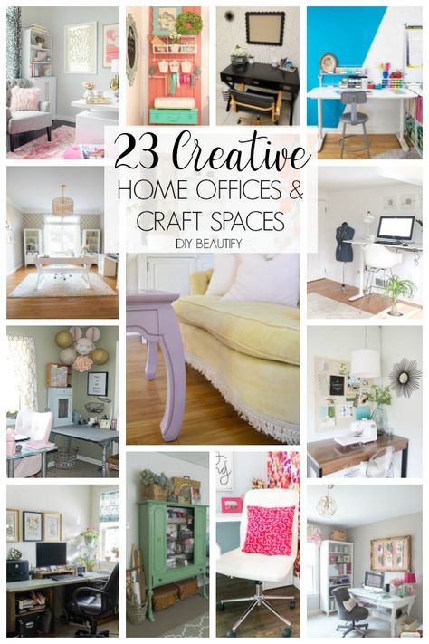 23 creative home office and craft spaces at www.diybeautify.com. Craft And Office Room, Hobby Corner Ideas, Home Office Creative Space, Small Office Craft Room Combo, Craft Rooms In Small Spaces, Craft And Office Room Ideas, Office/craft Room, Home Office And Craft Room Combo, Craft Corner Ideas Small Spaces