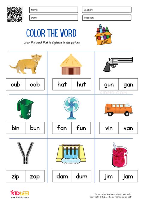 CVC Color the Word Worksheets for Kids - Kidpid Cvcc Words Worksheets, Cvcc Words, Letter Recognition Worksheets, Cvc Words Worksheets, Phonics For Kids, Cvc Words Kindergarten, English Worksheets For Kindergarten, Kindergarten Reading Worksheets, Sunday School Crafts For Kids