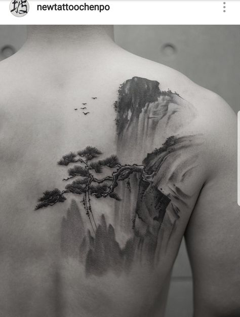 NEWTATTOOCHENPO - Source: WWW - #japanese #tattoo #קעקוע #יפני Chinese Landscape Tattoo, Japanese Mountain Tattoo, Japanese Garden Tattoo, Japanese Landscape Tattoo, Vietnamese Tattoo Ideas, Vietnamese Tattoo, Bonsai Tattoo, Moutain Tattoos, Waterfall Tattoo