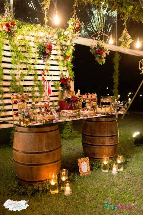 Boho Themed Wine Barrel Dessert Table from a Boho Vintage 21st Birthday Party on Kara's Party Ideas | KarasPartyIdeas.com (22) Schnee Party, Vintage Dessert Tables, Vintage Party Ideas, 21 Party, 21st Birthday Girl, Vintage Party Decorations, Birthday Boho, 21st Bday Ideas, 21st Birthday Party