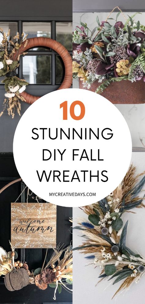 Need a cheap and easy DIY fall décor idea? We're sharing 10 cute and easy DIY fall wreaths for your front door, living room, mantel, and more! Whether you're looking for a DIY fall wreath from nature, with ribbons, burlap, or dollar tree items, we have the perfect DIY fall wreath decoration tutorials for you. Click through for this and more fun DIY fall crafts ideas for adults. DIY fall decorations wreath. Nature, Inexpensive Fall Wreath Diy, Diy Boho Fall Wreath, Cheap Diy Fall Wreath, September Wreaths For Front Door Diy, Natural Autumn Wreath Diy, Non Wreath Front Door Decor, Diy Fall Wreath From Nature, Primitive Fall Wreath