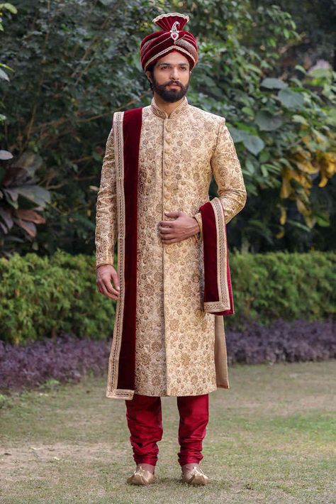 Royal Fawn Sherwani with Red Churidar Red Churidar, शादी की तस्वीरें, Wedding Blazer, Indian Groom Dress, Sherwani For Men Wedding, Wedding Kurta For Men, Groom Dress Men, Indian Wedding Poses, Indian Groom Wear