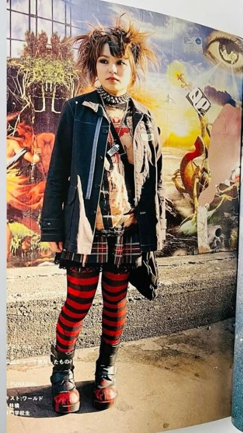 Punk fashion j-rock kei fruits magazine plaid skirt spiked choker 90s updo platform moto boots 1990 Punk Fashion, 1980s Fashion Punk, Leopard Print Rock Outfit, 00s Punk Fashion, 1980s Outfits Aesthetic, 80s Post Punk Fashion, Punk Outfits Skirt, Punk Street Photography, Leather Punk Outfit