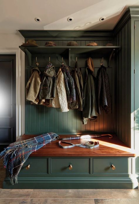 Dark Green Utility Room, Utility And Boot Room Ideas, Dark Green Entryway, Boot Room Ideas, Utility Boot Room, Boot Room Utility, Hall Storage, Small Mudroom, Tom Howley