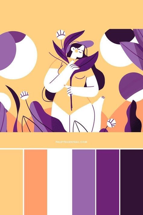 Yellow Pantone, Yellow Palette, Orange Palette, Purple Palette, Retro Color Palette, Purple Color Schemes, Orange Color Palettes, Procreate Illustration, Purple Color Palettes