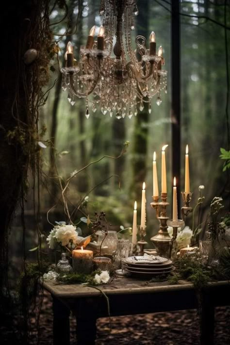 Candles Aesthetic Dark, Woodland Bride, Enchanted Aesthetic, Forest Wedding Decorations, Spooky Soiree, Dark Birthday, Forest Fairytale, Witchy Garden, Midsummer Nights Dream