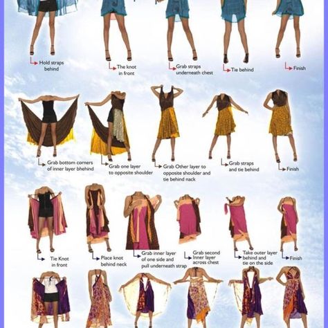 Updated: One Dress = 100 Styles with Kariza Designs Neckline Necklace Guide, Vestido Convertible, Necklace For Neckline, Convertible Clothing, Magic Skirt, Magic Wrap, Sari Skirt, Silk Wrap Skirt, Moda Hippie