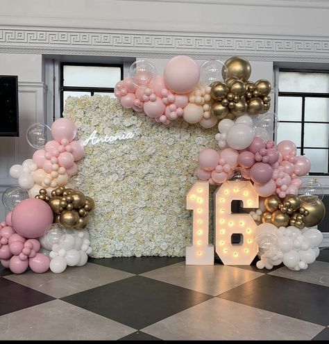 White And Rose Gold Party Theme, Sweet 16 Party Ideas Themes Pastel, Sweet 16 Venue Decorations, Sweet 16 Party Ideas Neutral Colors, Pink Sweet 16 Photo Wall, Pink Sweet 16 Balloons, Sweet Sixteen Balloons Decorations, Sweet 16 Photo Wall Ideas, Pink Sweet 16 Backdrop