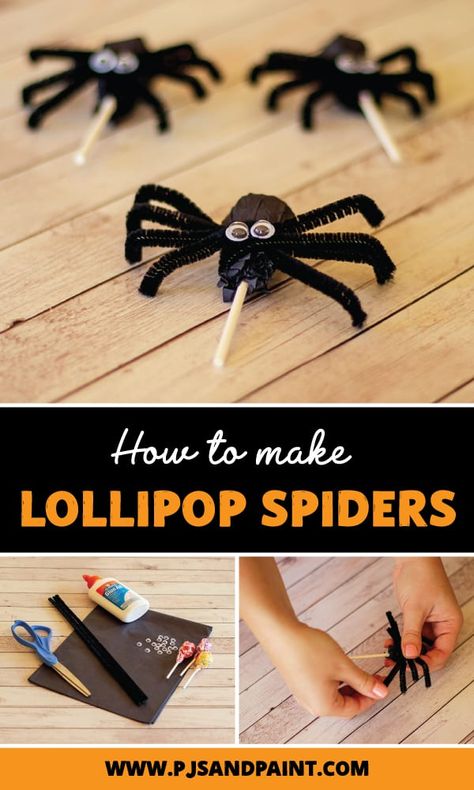 how to make lollipop spiders pinterest Tootsie Pop Spiders, Spider Treats For Kids, Spider Lollipops Pipe Cleaners, Sucker Spiders, Lollipop Spiders, Spider Suckers, Spider Lollipops, How To Make Lollipops, Halloween Crafts Diy Projects