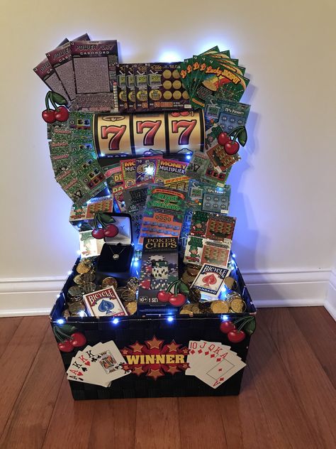 Lottery Themed Gift Basket, Las Vegas Themed Gift Basket, Lottery Raffle Basket, Poker Themed Gift Basket, Office Raffle Ideas, Men’s Raffle Basket, Lottery Ticket Silent Auction Basket, Lottery Gift Basket Ideas, Casino Themed Gift Baskets