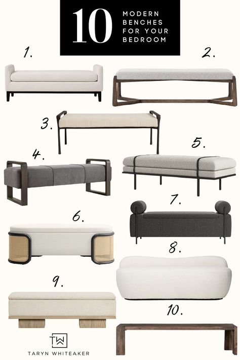 Take a look at these modern benches for a bedroom! These would add a statement to the end of your bed and add a cozy place to sit! Ottoman End Of Bed, Bed Ottoman Bench Bedroom, Bed End Ottoman, End Of Bed Sofa Bench, Bench For Bedroom Modern, Bench Seat At End Of Bed, End Of King Bed Ideas, End Of Bench Bed, Bed End Bench Modern