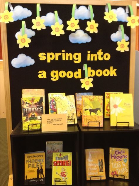 Library Book Display Themes | Library Displays Book Corner Display, Spring Library, School Library Bulletin Boards, Reading Display, Classroom Boards, School Library Displays, Reading Bulletin Boards, Middle School Libraries, Spring Bulletin