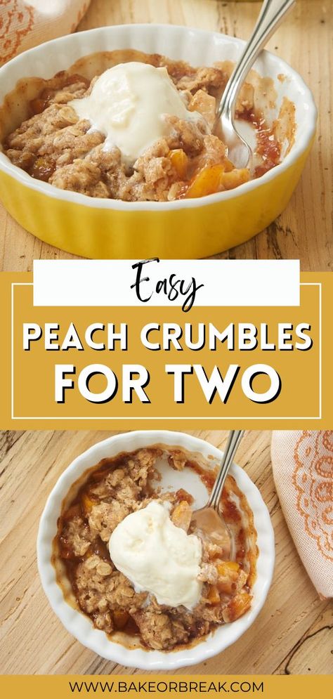 Peach Crumbles for Two are perfect for those last couple of peaches in your kitchen. Whip up these quick and easy individual crumbles for a wonderful summer dessert to share with your favorite peach lover! You only need about a cup of chopped or sliced peaches to make these darling desserts and the are so quick and easy. Single Peach Crisp, Personal Peach Crisp, 2 Peaches Recipes, Quick Easy Peach Dessert, Pie, Peach Crisp Healthy Easy Recipes, Peach Crisp For 2, Fresh Peach Crisp For 2, Peach Pie For Two