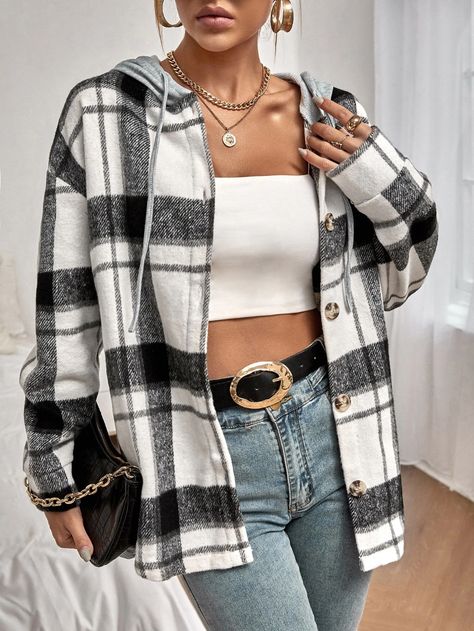 Plaid Drop Shoulder Drawstring Zipper Hooded Coat | SHEIN USA Fall Winter Jacket, Long Sleeve Outerwear, Winter Outerwear, Fall Plaid, Casual Outerwear, Casual Vest, Long Sleeves Coats, Plaid Jacket, Hooded Coat