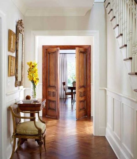 Dark Baseboards, Wood Doors White Trim, Herringbone Floor Pattern, Wood Flooring Options, White Wooden Doors, White Baseboards, Herringbone Tile Floors, Doorway Decor, Herringbone Wood Floor