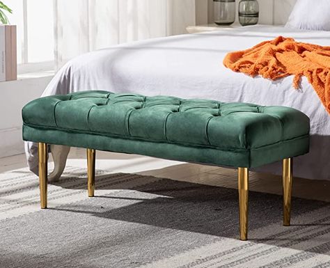 Amazon.com: Guyou 42” Elegant Velvet Entryway Bench, Upholstered Tufted Bedroom End of Bed Bench Ottoman with Gold Legs, Modern Footrest Stool with Deep Buttons for Living Room Foyer Bedroom (Green) : Everything Else Tufted Bedroom, Green Bench, Upholstered Entryway Bench, Upholstered Bench Seat, Upholstered Bedroom, Velvet Bench, Tufted Bench, Home Furnishing Stores, End Of Bed Bench