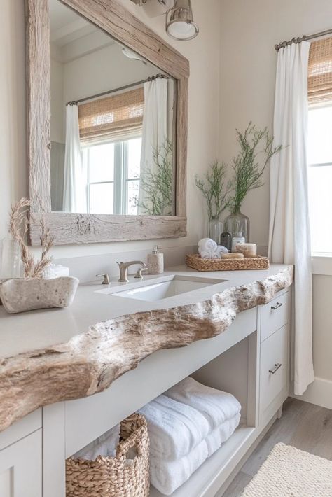 29 Coastal Farmhouse Bathroom Ideas to Create a Serene Oasis 9 Seaside Bathroom Ideas, Coastal Farmhouse Bathroom Ideas, Rustic Beach Bathroom, Costal Farmhouse, Driftwood Bathroom, Coastal Farmhouse Bathroom, Vibe Bathroom, Modern Coastal Bathroom, Seaside Bathroom