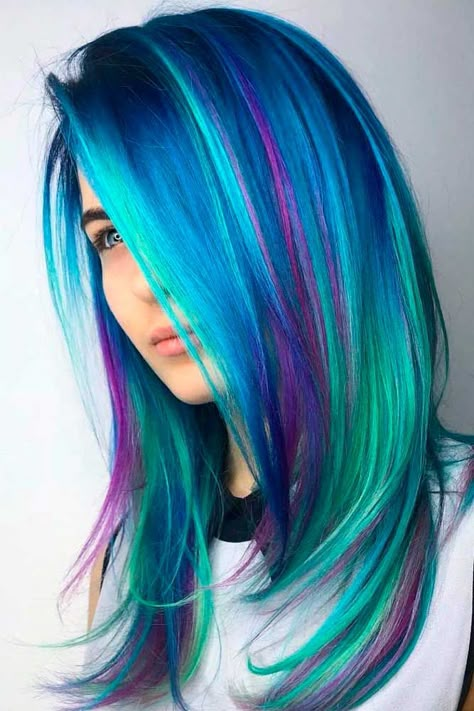 Amazing Blue Hair With Purple Highlights #highlightshair #balayagehair #multicoloredhair Purple Hair Highlights, Unicorn Hair Color, Roofing Colors, Rainbow Hair Color, Hair Color Crazy, Bright Hair Colors, Fantasy Hair, Bright Hair, Hair Color For Women