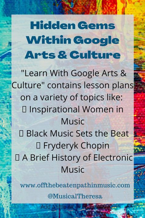 Google Arts & Culture is an amazing collection of content from arts institutions all over the world. There are SO many great resources for music educators, including lesson plans about Inspirational Women in Music! Here's a new blog post to give you an overview and some ideas. Cultural Competence, Music Teaching, Women In Music, Black Music, Off The Beaten Path, New Blog Post, Teaching Music, Music Education, Art Google