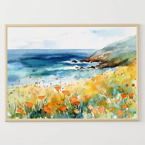 California Landscape Poppy Painting Big Sur Art Print California Coast Watercolor Yellow Poppy Poster - Etsy California Coast Watercolor, California Poppies Painting, Big Sur Watercolor, Watercolor Big Painting, Big Watercolor Painting, Lakshmi Art, Large Watercolor Painting, Poppy Poster, California Watercolor