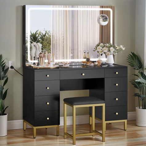 Assim 45.2'' Vanity Desk Set with LED Lighted Mirror & Power Outlet Glass Top Vanity, White Vanity Desk, Modern Makeup Vanity, Gold Vanity, Modern Makeup, Makeup Stool, Bedroom Makeup Vanity, Stylish Makeup, Drawers Bedroom