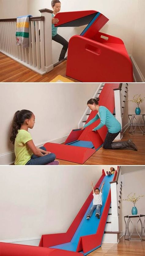 Indoor Slides For Home Stairs, Slide On Deck, Indoor Slides For Home, Slide In House, Diy Stair Slide, Play Room Kids, Diy Slide, Indoor Slide, Stairs Room