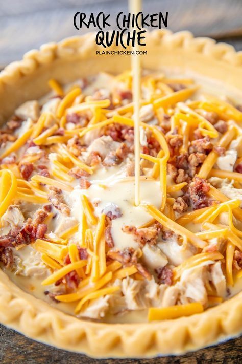 Crack Chicken Quiche - so quick and easy. Everyone LOVED this recipe!! Can make ahead and freeze for later. Pie crust, chicken, cheddar cheese, bacon, ranch dressing, heavy cream, and eggs Ready to eat in an hour. Great for breakfast, lunch or dinner. THE BEST! #quiche #chicken #freezermeal #bacon #ranch #cheddar Chicken Quiche, Chicken Cheddar, Delicious Quiche, Quiche Recipes Easy, French Onion Chicken, French Fried Onions, Breakfast Quiche, Onion Chicken, Bacon Ranch