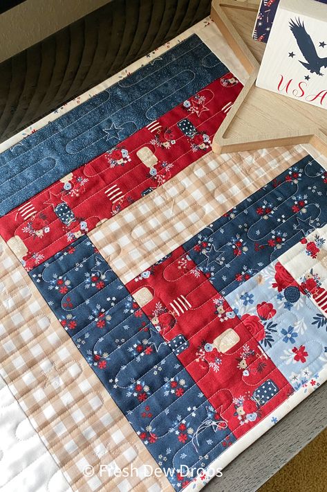 easy scrappy fat quarter log cabin tablerunner quilt pattern by Fresh Dew Drops Quilting with Red White and True patriotic fabric from Riley Blake Designs Easy Log Cabin Quilt Pattern, Log Cabin Table Runner, Table Runner Quilt Pattern, Scrappy Log Cabin, Riley Blake Quilt, Cabin Table, Quilt Sampler, Runner Pattern, Patriotic Fabric