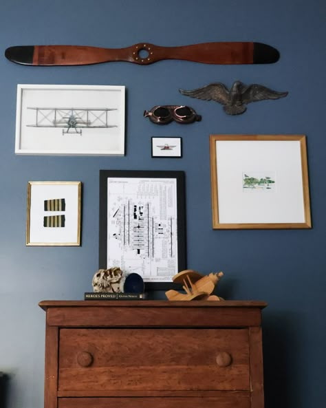 This aviation-themed gallery wall in my son’s room features vintage pieces handed down from his grandfather and new additions like this amazing framed Atlanta airport diagram custom-made by @canvaspop (gifted). Ordering was a breeze and I’m thrilled with how it turned out ✈️ #aviationdecor #gallerywall #canvaspop #boysroom Vintage Planes Nursery, Houndstooth Decor, Vintage Boy Room, Vintage Airplane Room, Vintage Airplane Bedroom, Vintage Plane Nursery, Vintage Travel Nursery, Aviation Room Decor, Aviation Bedroom