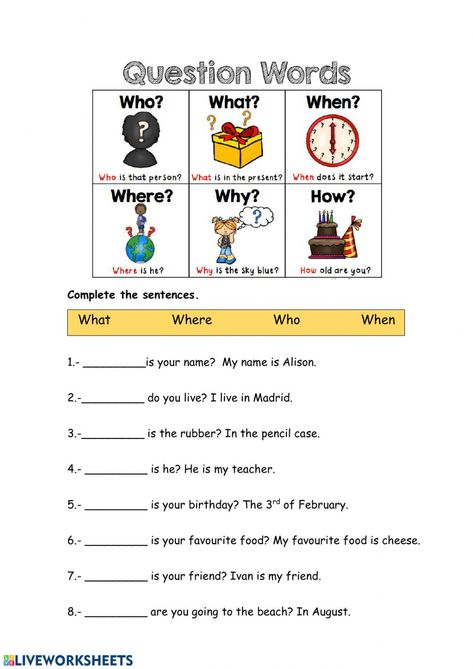 Wh-questions - Interactive worksheet Wh Question Worksheet For Kids, Wh Questions Kids, Wh Questions Exercises, Wh Questions Activities, Grammar For Kids, English Activities For Kids, Cognitive Behavior, 2nd Grade Worksheets, English Worksheets For Kids