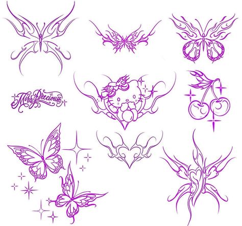 Best Friend Tattoos Alternative, Grunge Y2k Tattoo Ideas, Pointy Butterfly Tattoo, Tramp Stamp And Spine Tattoos, Cynthia Tattoo, Tats Between Breast, Tatuaje Hello Kitty, Tato Minimal, Hello Kitty Tattoos