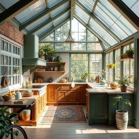 Create a light-filled Victorian greenhouse-inspired kitchen with botanical glass-front cabinets and ornate crown molding. #VictorianGreenhouse #GardenKitchen 🌿 Greenhouse Style Kitchen, Greenhouse With Kitchen, Greenhouse Attached To Kitchen, Queen Anne Kitchen, Greenhouse Kitchen Ideas, Solarium Kitchen, Landscaping 101, Greenhouse Kitchen, Feminine Era